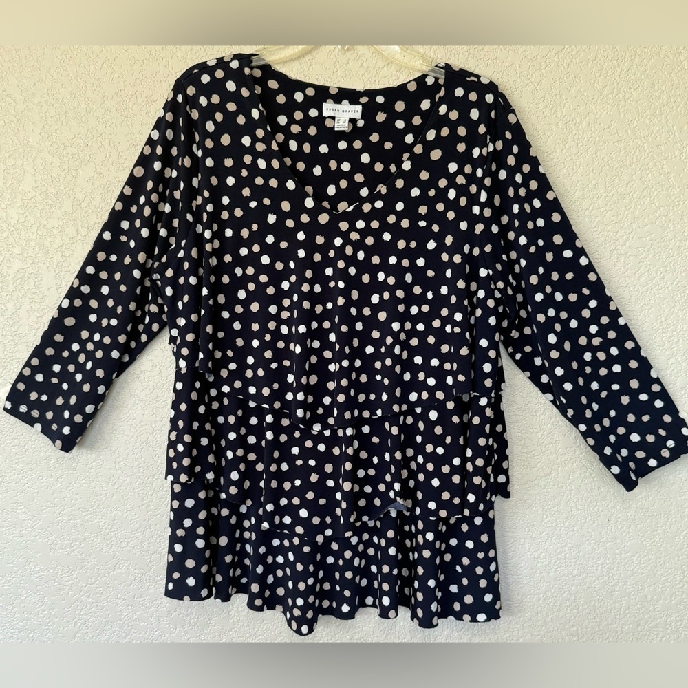 Susan Graver Scoop Neck Tiered Navy and White Polka Dot Blouse